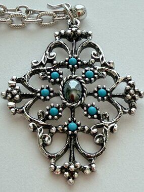 Artisan Southwestern Statement Pendant Necklace Silver Tone Faux Turquoise Stone